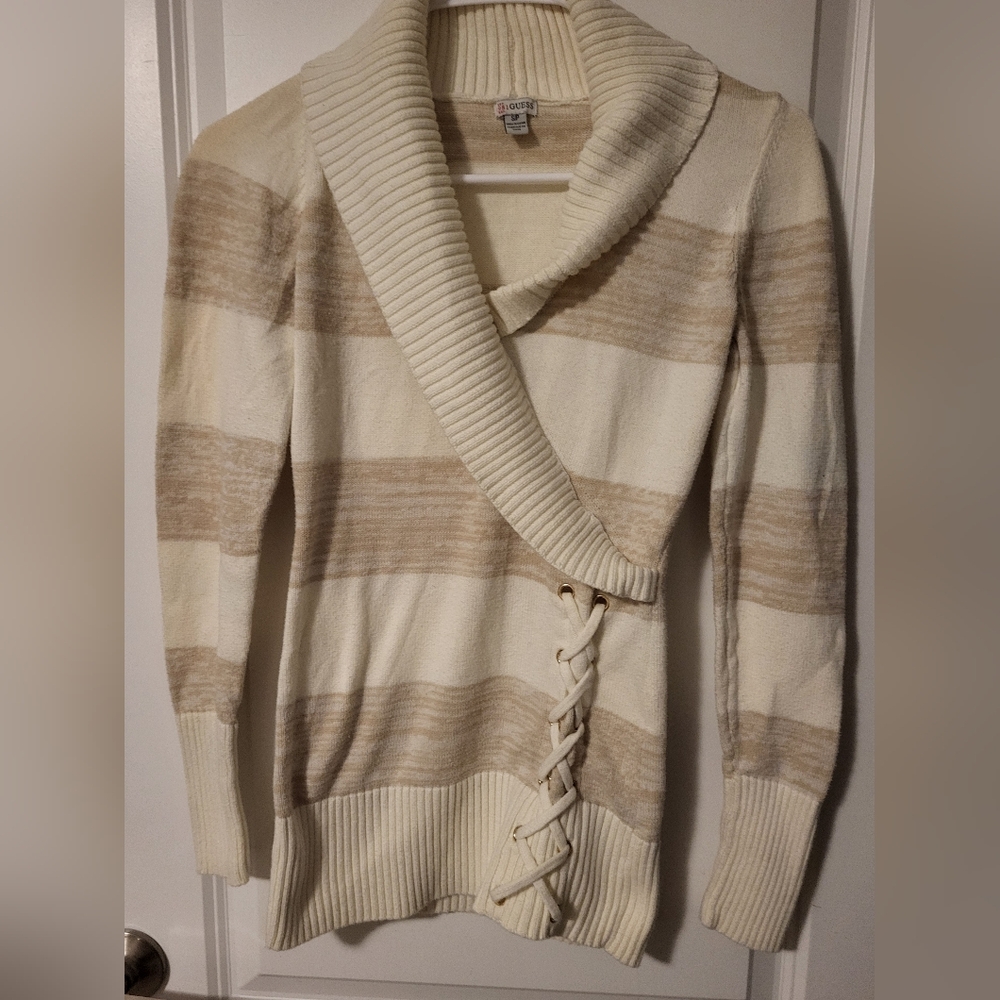Guess Cream and Tan Striped Cowl Neck Sweater